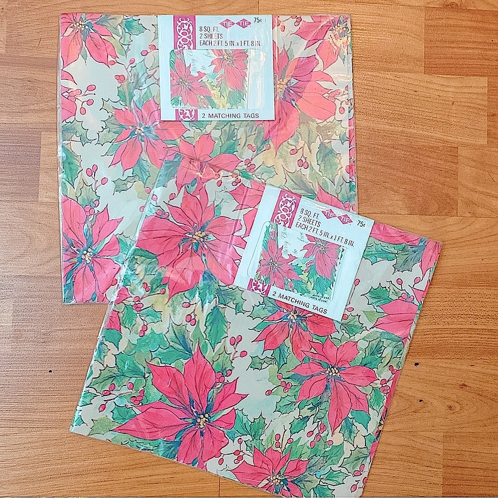Lot 3 Vintage Christmas Gift Wrapping Paper Packs With Matching Tags Poinsettias